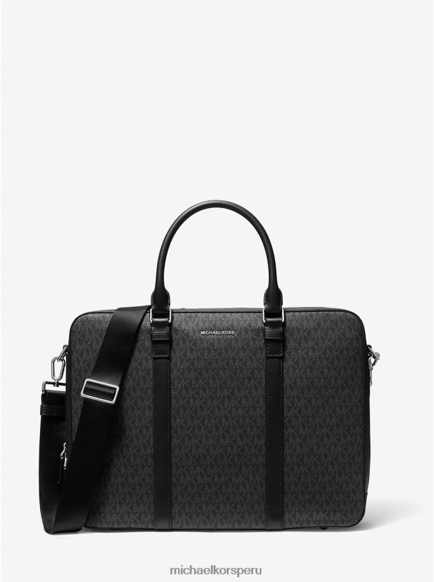 accesorios educacion fisica Michael Kors hombres maletín de cuero con doble fuelle y logo Hudson negro 8FX48V3191