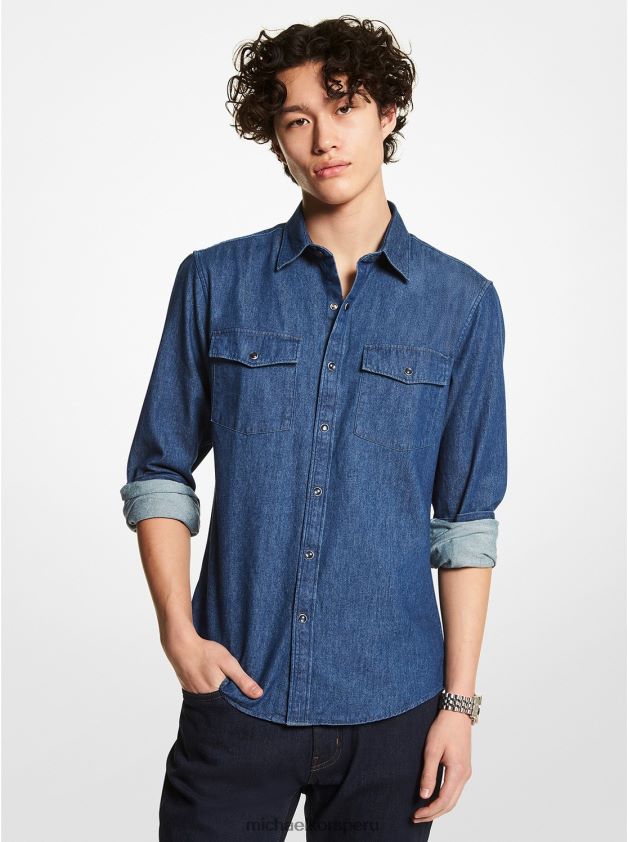 ropa educacion fisica Michael Kors hombres camisa slim de mezclilla elástica tripulación azul 8FX48V3136