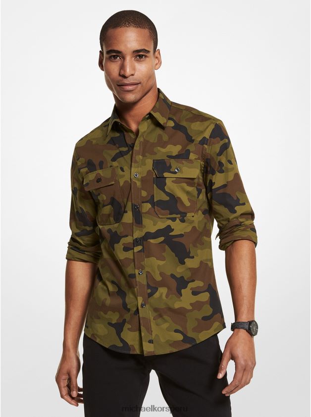 ropa educacion fisica Michael Kors hombres camisa slim fit de algodón elástico con camuflaje aceituna ahumada 8FX48V3133