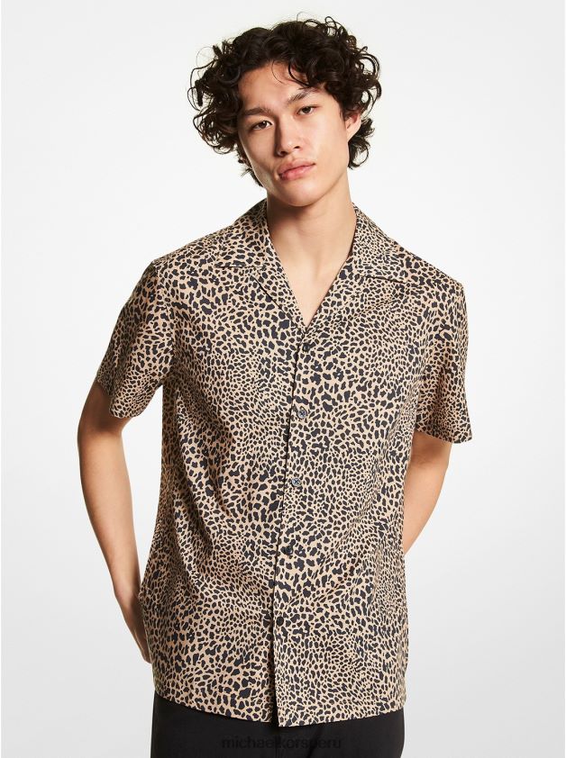 ropa educacion fisica Michael Kors hombres camisa slim fit de algodón elástico con estampado animal y gráfico caqui 8FX48V3129