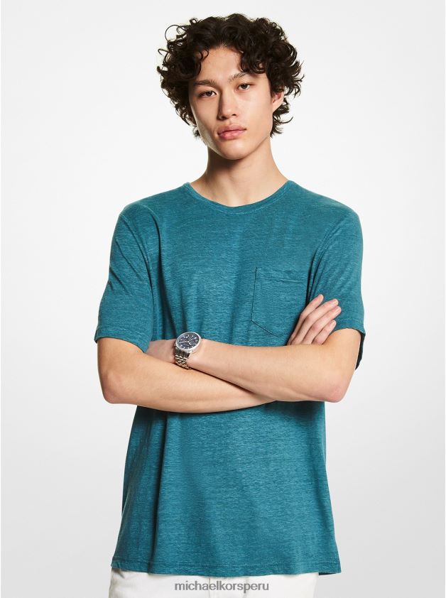 ropa educacion fisica Michael Kors hombres camiseta con bolsillo de lino flameado verde azulado de nasáu 8FX48V3010