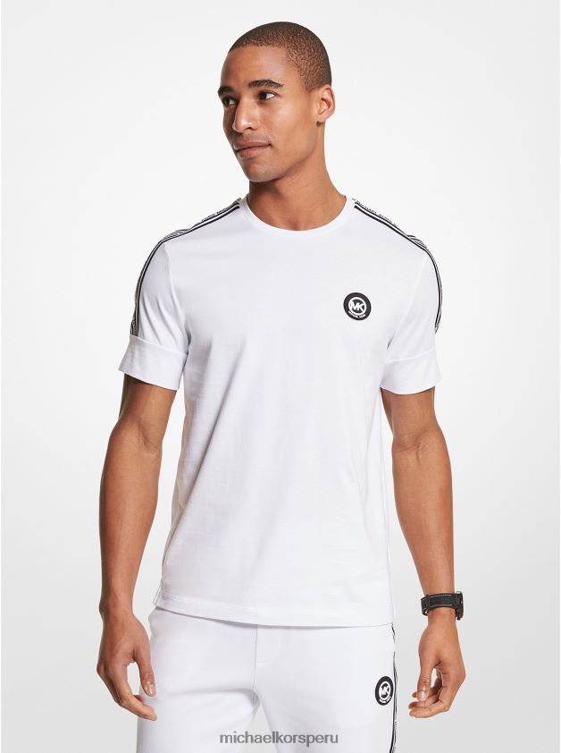 ropa educacion fisica Michael Kors hombres camiseta de punto de algodón con cinta del logo blanco 8FX48V2924