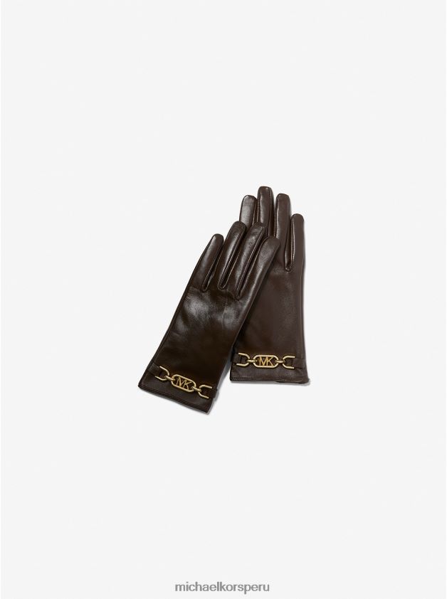 accesorios educacion fisica Michael Kors mujer guantes de cuero con logo chocolate 8FX48V2743