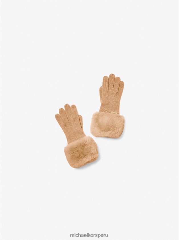 accesorios educacion fisica Michael Kors mujer guantes tejidos con ribete de piel sintética camello oscuro 8FX48V2746