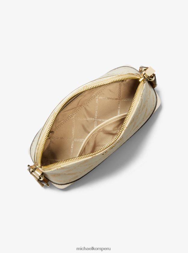 accesorios educacion fisica Michael Kors mujer bandolera Jet Set grande en forma de cúpula en jacquard con logo imperio metalizado oro pálido/natural 8FX48V856