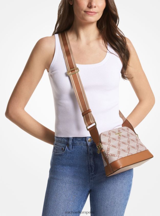 accesorios educacion fisica Michael Kors mujer bandolera jet set grande con logo imperio en jacquard y cúpula natural/equipaje 8FX48V855