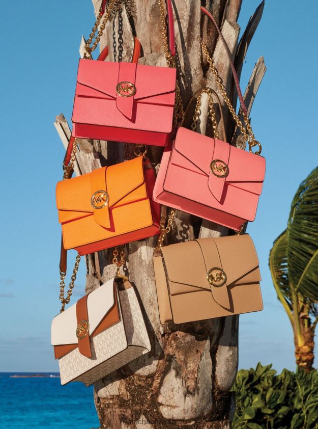 accesorios educacion fisica Michael Kors mujer bolso bandolera Greenwich pequeño con bloques de color y piel saffiano vainilla/bellota 8FX48V939