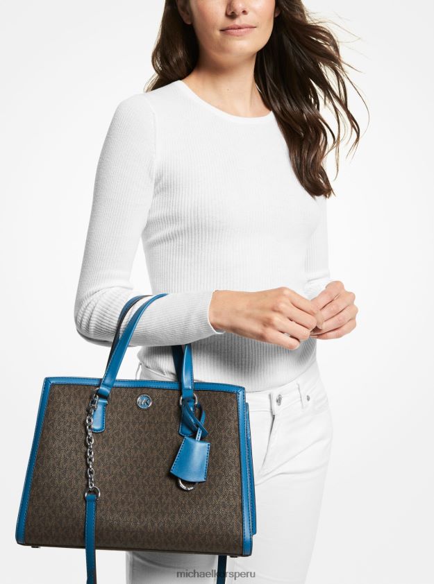 accesorios educacion fisica Michael Kors mujer bolso satchel mediano chantal con logo azul patrimonio 8FX48V1412