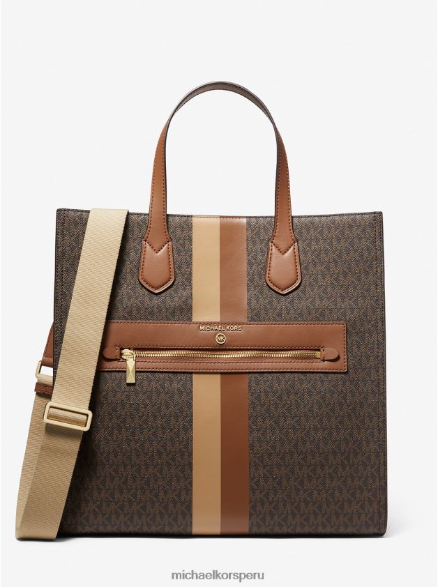 accesorios educacion fisica Michael Kors mujer bolso tote kempner grande con rayas y logo marrón/equipaje 8FX48V1086