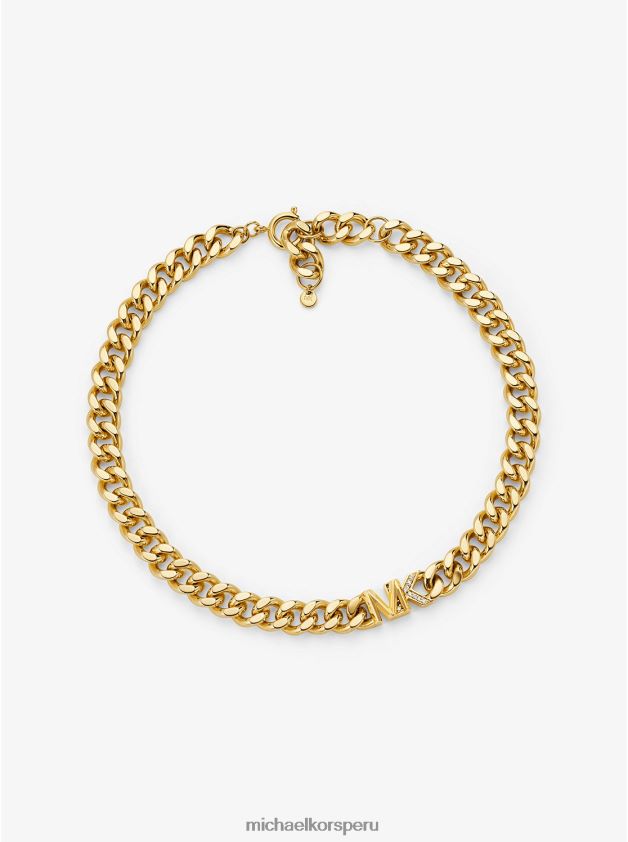 joyas educacion fisica Michael Kors mujer Collar de eslabones curvos con logo pavé de latón chapado en oro de 14k oro 8FX48V2487