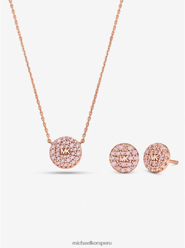 joyas educacion fisica Michael Kors mujer Juego de collar y aretes con disco pavimentado con logo en plata de ley con baño de oro rosa de 14k oro rosa 8FX48V2493