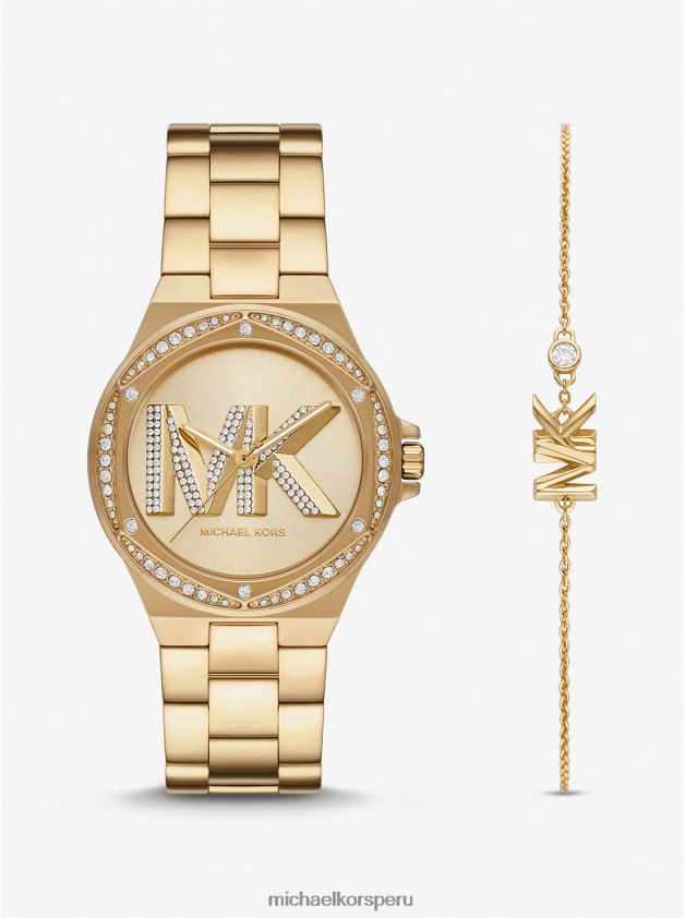 joyas educacion fisica Michael Kors mujer Conjunto de reloj y pulsera en tono dorado con logo pave de Lennox oro 8FX48V2464