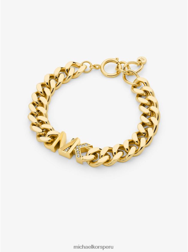 joyas educacion fisica Michael Kors mujer Pulsera de eslabones curvos con logo pavimentado de latón chapado en oro de 14k oro 8FX48V2435