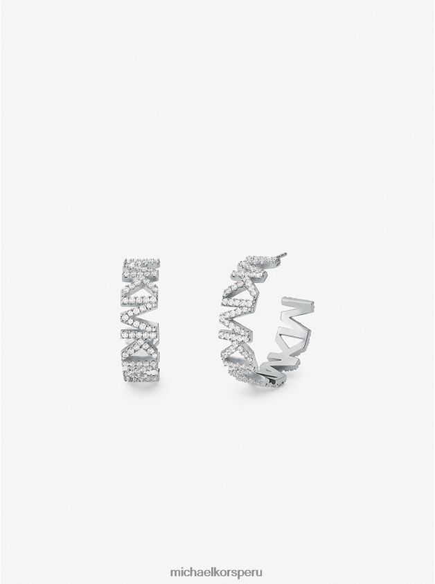 joyas educacion fisica Michael Kors mujer aretes de aro grandes de latón chapado en platino con logo pavé plata 8FX48V2527