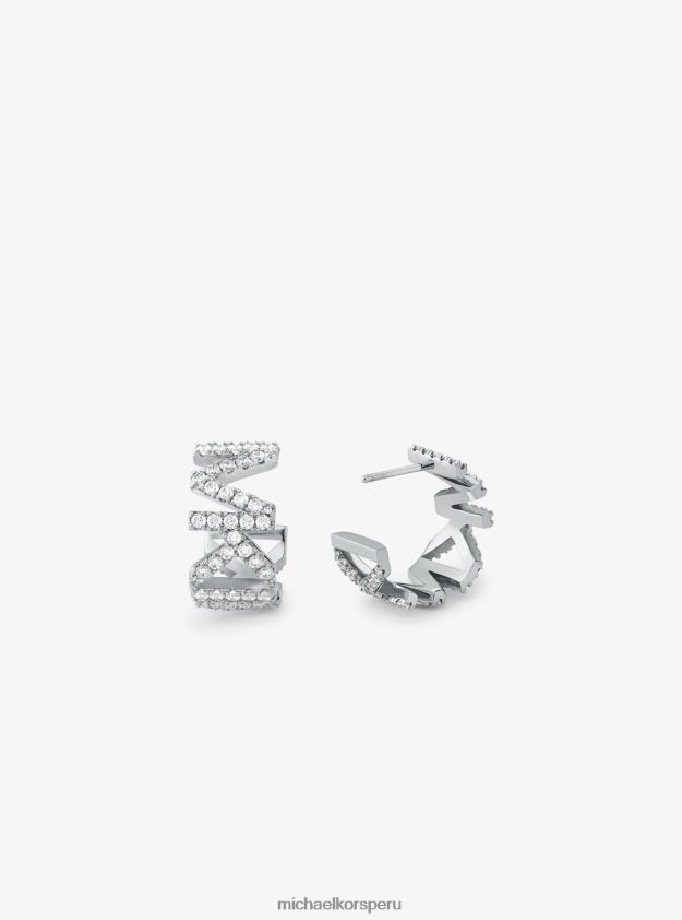 joyas educacion fisica Michael Kors mujer aretes de aro pequeños de latón chapado en platino con logo pavé plata 8FX48V2539