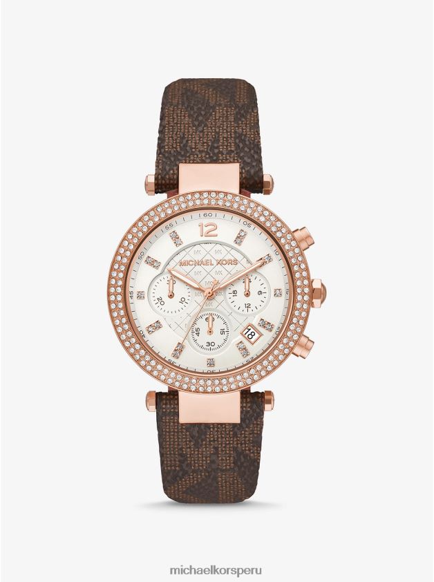 accesorios educacion fisica Michael Kors mujer Reloj Parker extragrande con pavé en tono dorado rosa y logo marrón 8FX48V2430