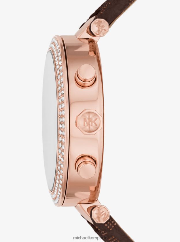 accesorios educacion fisica Michael Kors mujer Reloj Parker extragrande con pavé en tono dorado rosa y logo marrón 8FX48V2430