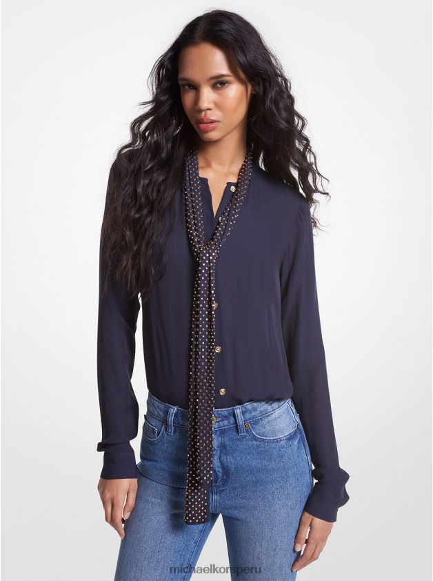 ropa educacion fisica Michael Kors mujer blusa Astor de georgette con tachuelas y cuello anudado azul medianoche 8FX48V370