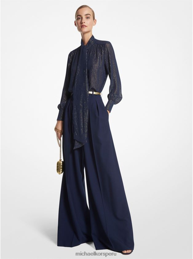 ropa educacion fisica Michael Kors mujer blusa de la colección de lamé a rayas con cuello anudado en mezcla de seda azul marino/oro 8FX48V3556