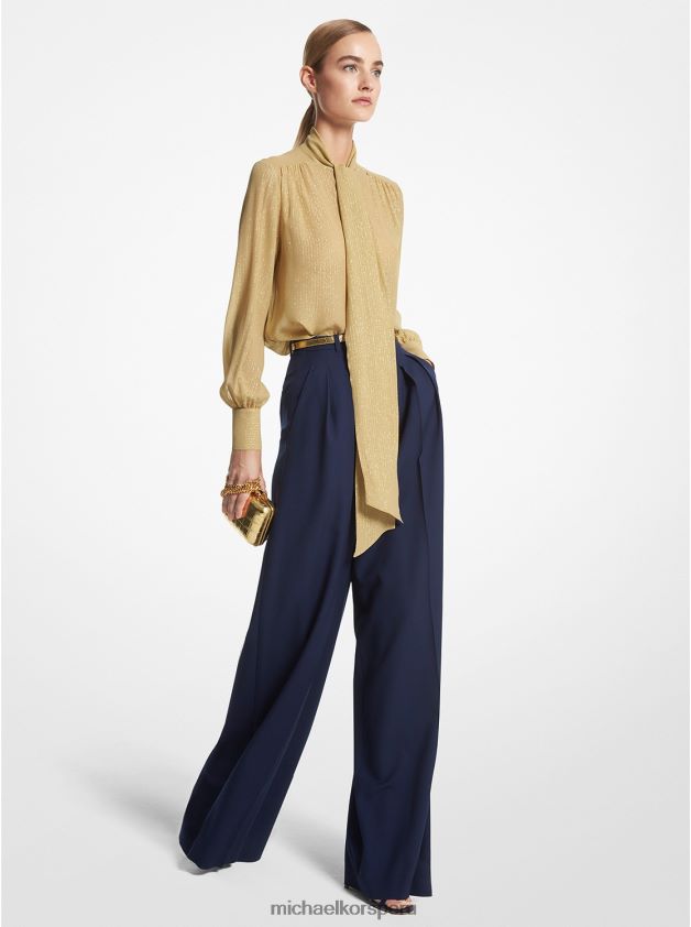 ropa educacion fisica Michael Kors mujer blusa de la colección de lamé a rayas con cuello anudado en mezcla de seda duna/oro 8FX48V3557