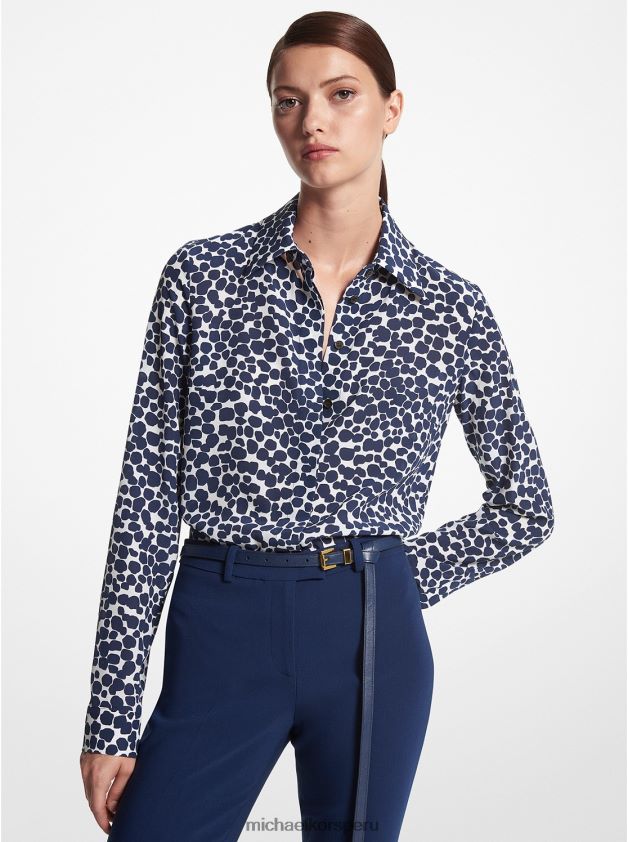 ropa educacion fisica Michael Kors mujer Camisa de crepé de China de seda orgánica Cheetah de la colección Hansen azul marino/blanco op 8FX48V3554