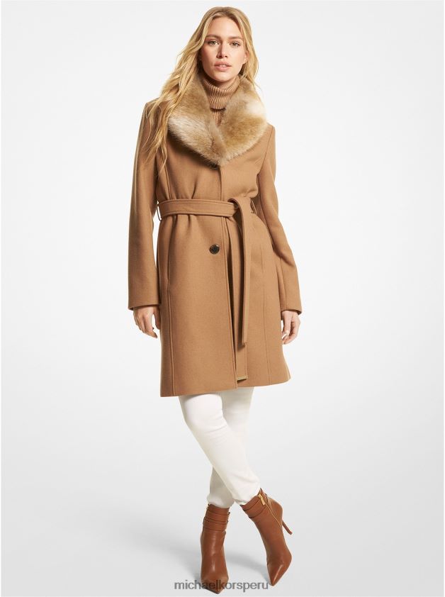 ropa educacion fisica Michael Kors mujer abrigo en mezcla de lana con cuello de piel sintética camello oscuro 8FX48V247