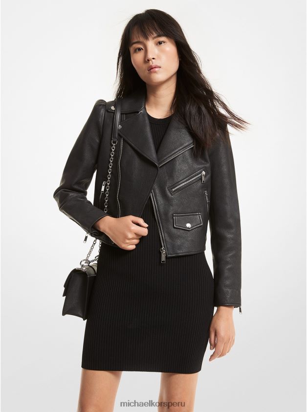 ropa educacion fisica Michael Kors mujer chaqueta motera de cuero granulado con mangas abullonadas negro 8FX48V261