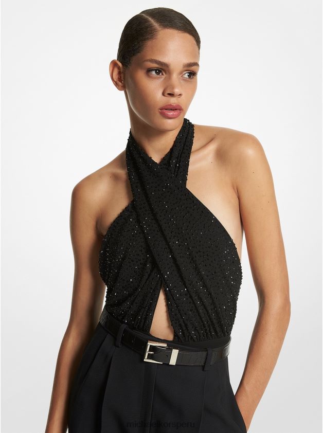 ropa educacion fisica Michael Kors mujer body de punto elástico con cristales bordado a mano de la colección negro 8FX48V3592