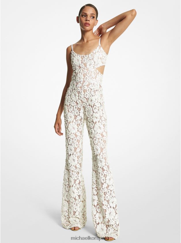 ropa educacion fisica Michael Kors mujer mono acampanado de encaje floral con paillettes bordado a mano de la colección Blanco óptico 8FX48V3424