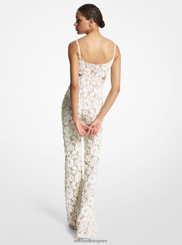 ropa educacion fisica Michael Kors mujer mono acampanado de encaje floral con paillettes bordado a mano de la colección Blanco óptico 8FX48V3424