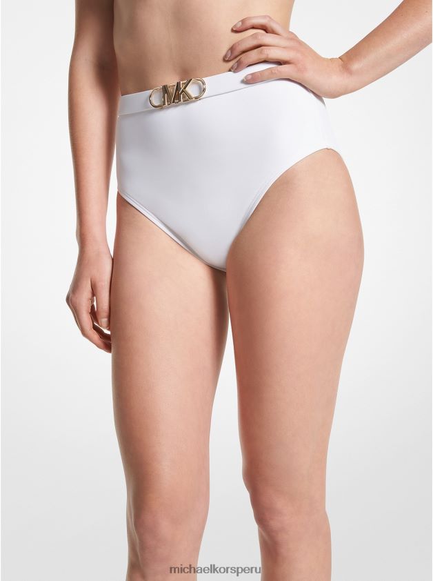 ropa educacion fisica Michael Kors mujer braguita de bikini de nailon elástico con cintura alta y cinturón blanco 8FX48V530