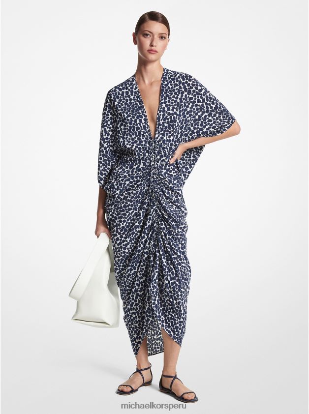 ropa educacion fisica Michael Kors mujer Colección caftán fruncido de crepé de China de seda con estampado de leopardo azul marino/blanco op 8FX48V3553