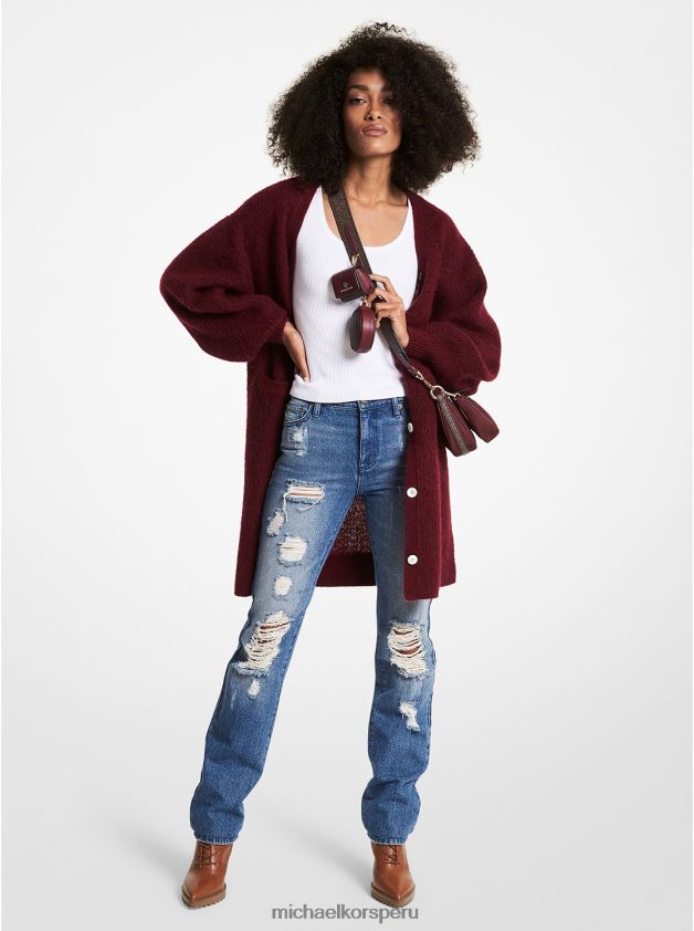 ropa educacion fisica Michael Kors mujer cárdigan de punto texturizado con cuello en V rubí oscuro 8FX48V525