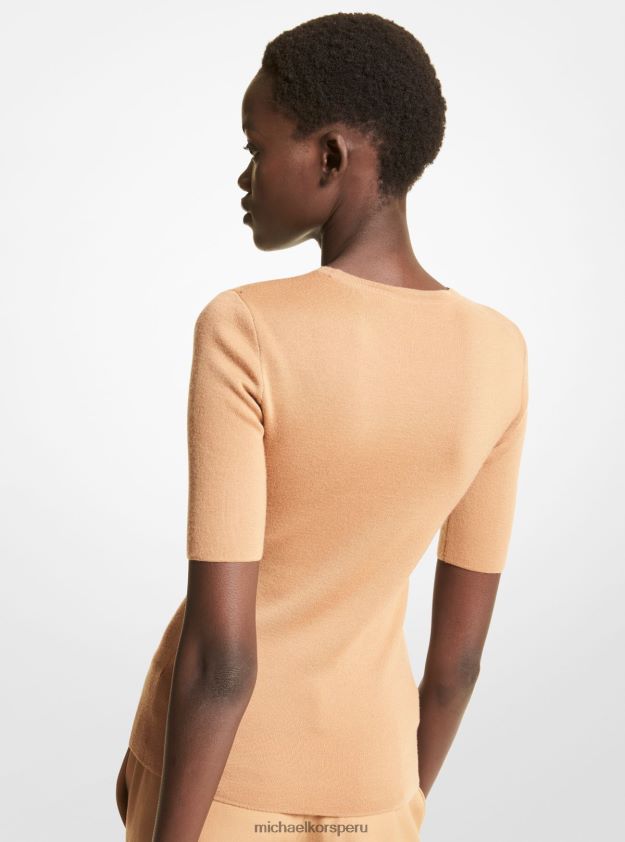 ropa educacion fisica Michael Kors mujer jersey de manga tres cuartos de cachemir de la colección camello 8FX48V3604