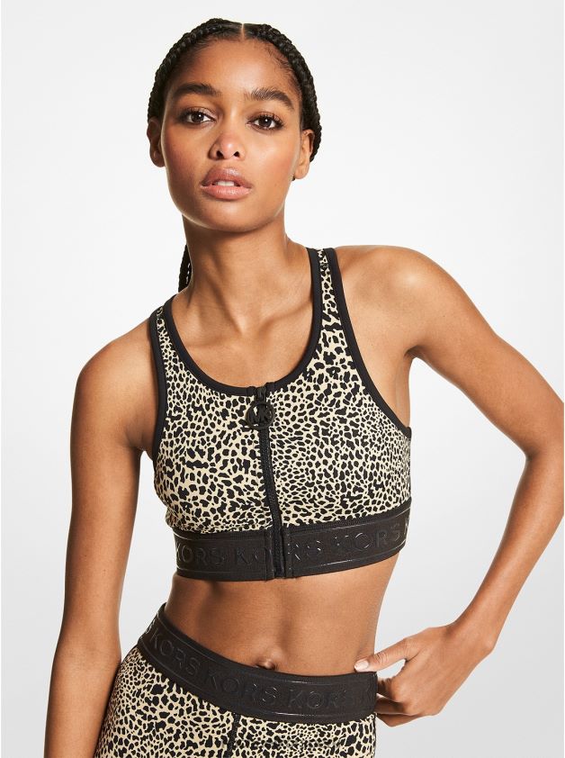 ropa educacion fisica Michael Kors mujer sujetador deportivo con cremallera en la parte delantera en mezcla de nailon con estampado animal gráfico caqui 8FX48V453