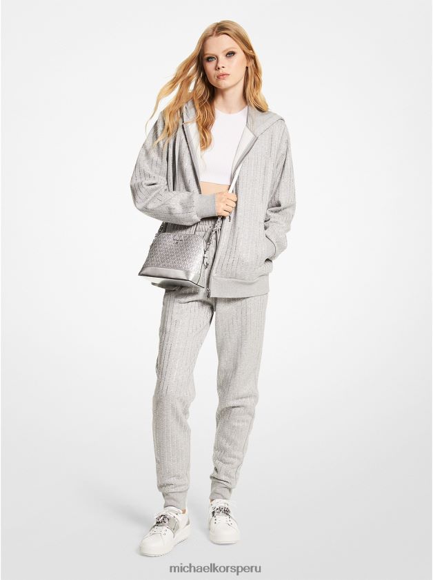 ropa educacion fisica Michael Kors mujer Sudadera con capucha y cremallera en mezcla de algodón orgánico con raya diplomática de cristal brezo perla 8FX48V427