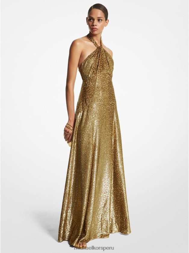 ropa educacion fisica Michael Kors mujer Vestido halter de fil coupé de leopardo metalizado de la colección oro 8FX48V3449