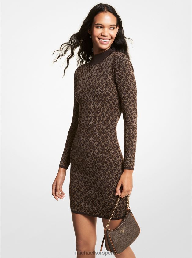 ropa educacion fisica Michael Kors mujer vestido con cuello alto y logo en jacquard chocolate 8FX48V160