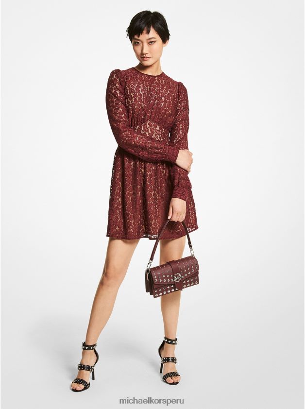 ropa educacion fisica Michael Kors mujer vestido corto con encaje y cordones de leopardo merlot 8FX48V111