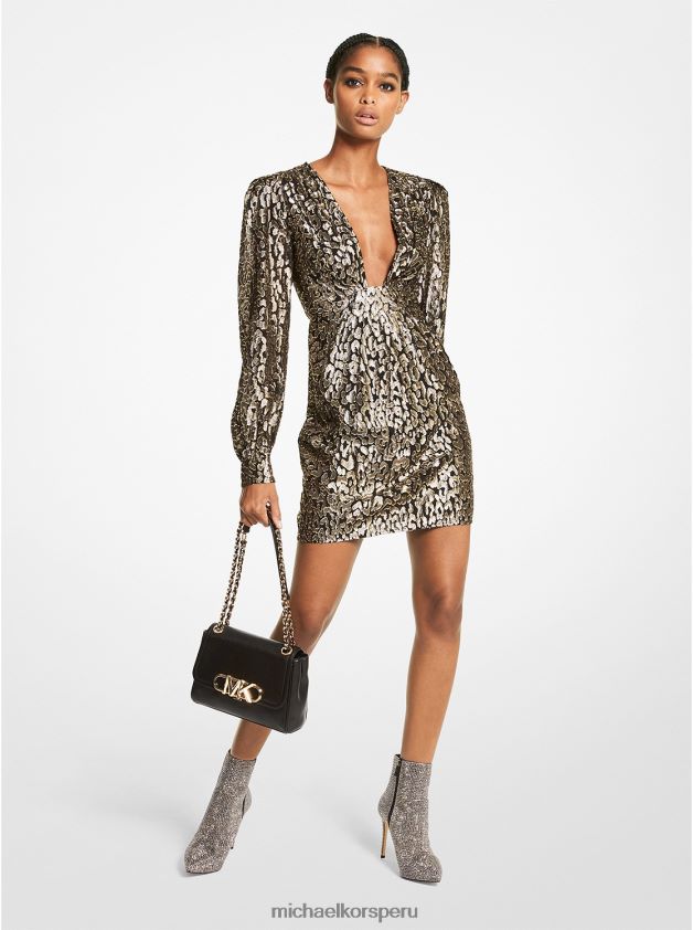 ropa educacion fisica Michael Kors mujer vestido en jacquard con clip de leopardo metalizado oro negro 8FX48V116