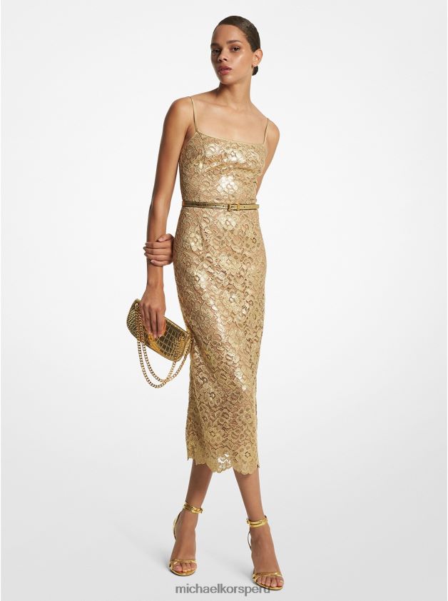ropa educacion fisica Michael Kors mujer vestido lencero de encaje floral metalizado de la colección oro 8FX48V3451