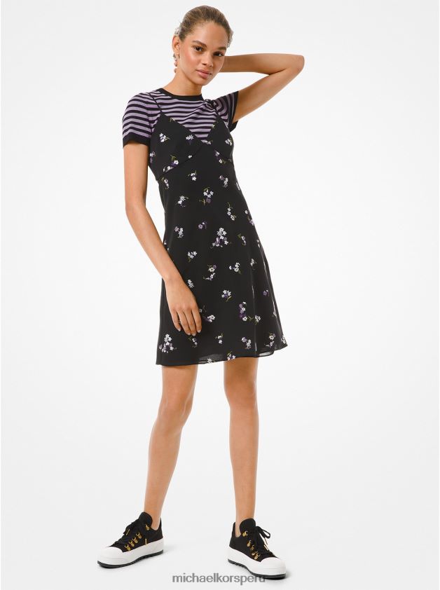 ropa educacion fisica Michael Kors mujer vestido lencero de georgette aplastado con bordado floral negro 8FX48V188