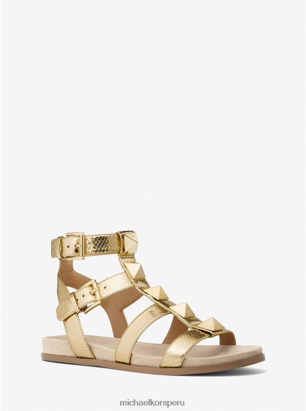 zapatos educacion fisica Michael Kors mujer Sandalia Wren de piel con relieve de serpiente metalizada y tachuelas oro pálido 8FX48V2061