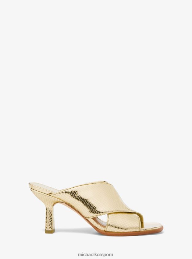 zapatos educacion fisica Michael Kors mujer chinelas gideon de piel con relieve de serpiente metalizada oro pálido 8FX48V2039