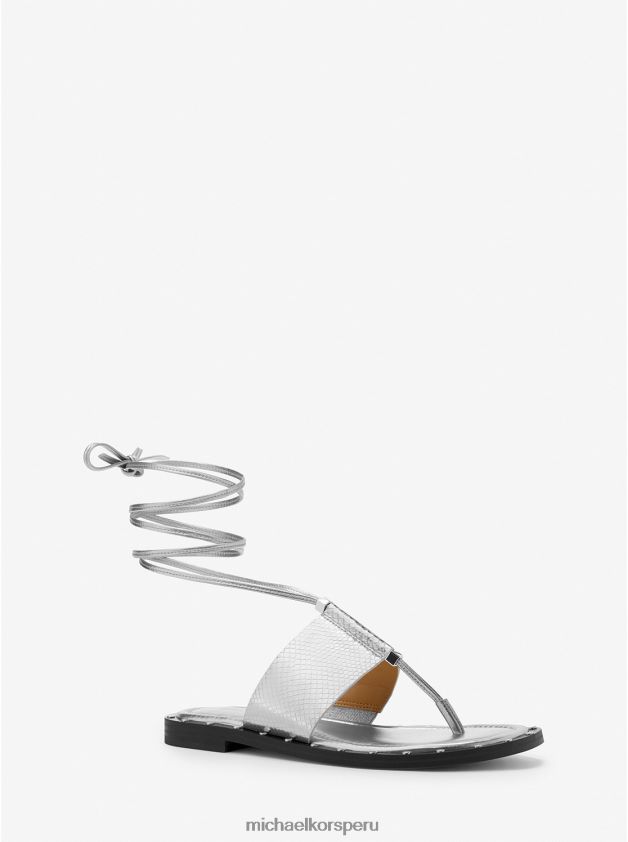zapatos educacion fisica Michael Kors mujer sandalias jagger de piel con relieve de serpiente metalizada y cordones plata 8FX48V1839