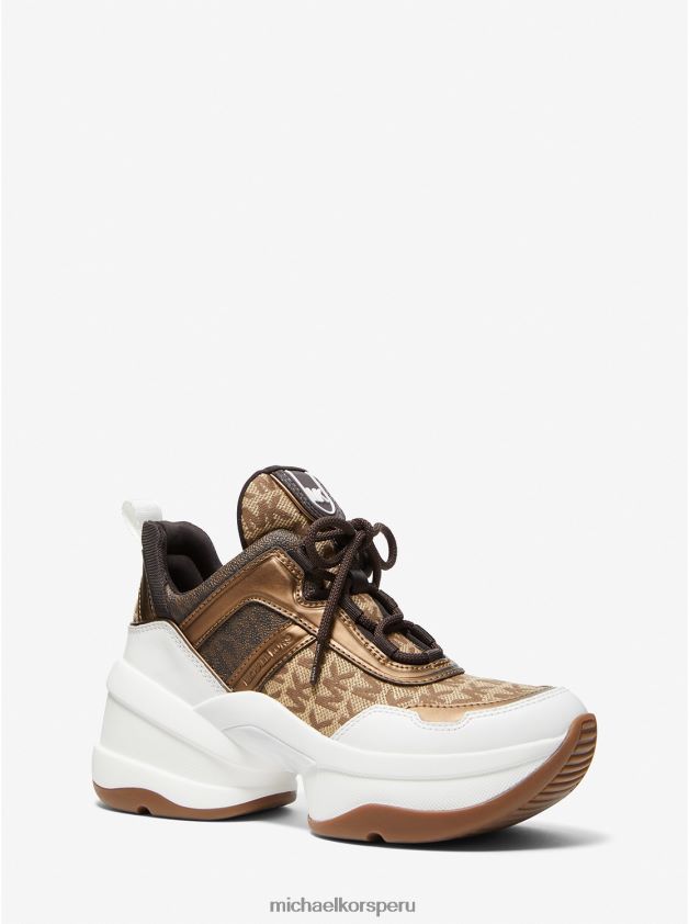 zapatos educacion fisica Michael Kors mujer Deportivas de piel metalizada y jacquard con logo Olympia beige/ébano/marrón 8FX48V1773