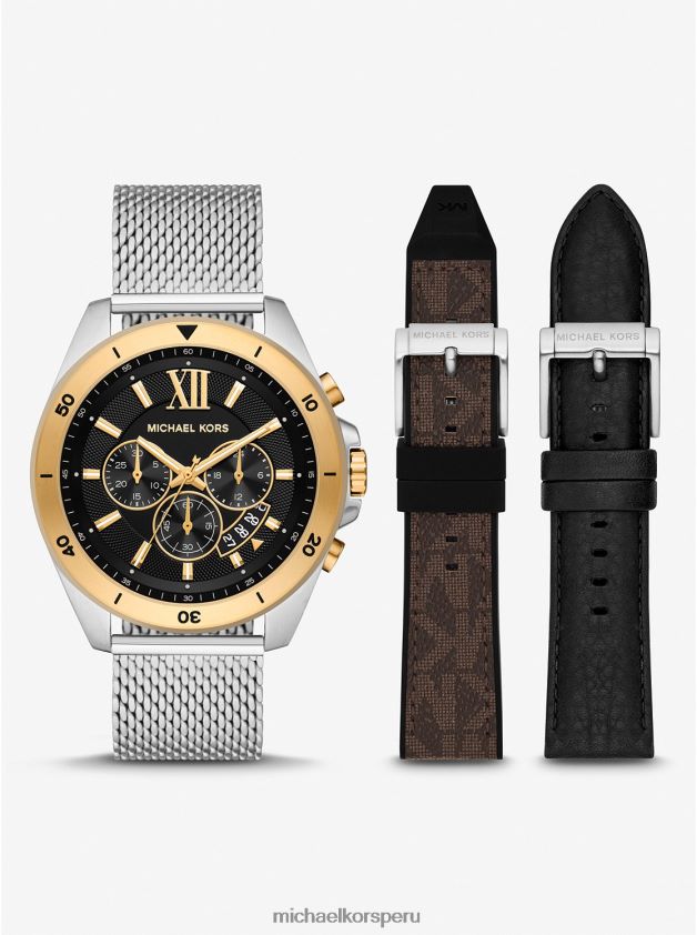 accesorios educacion fisica Michael Kors unisexo Set de regalo con reloj extragrande de malla en dos tonos Brecken marrón 8FX48V3979