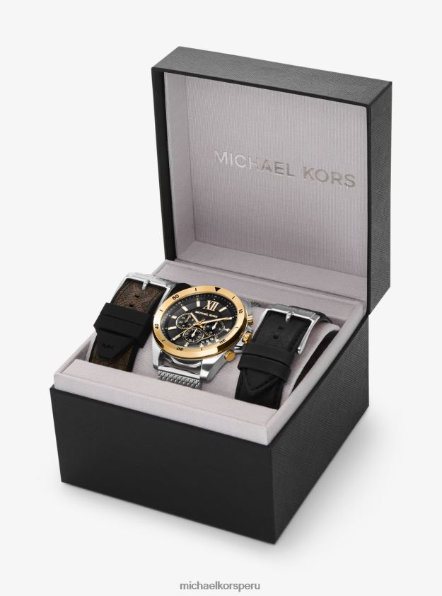 accesorios educacion fisica Michael Kors unisexo Set de regalo con reloj extragrande de malla en dos tonos Brecken marrón 8FX48V3979